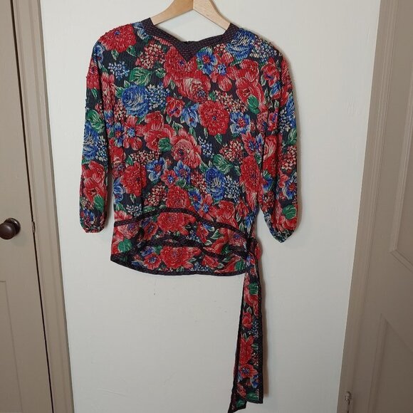 Vintage Diane Freis Beaded Bubble Top Waist Sash Floral Crinkle Satin Boho - Picture 9 of 12